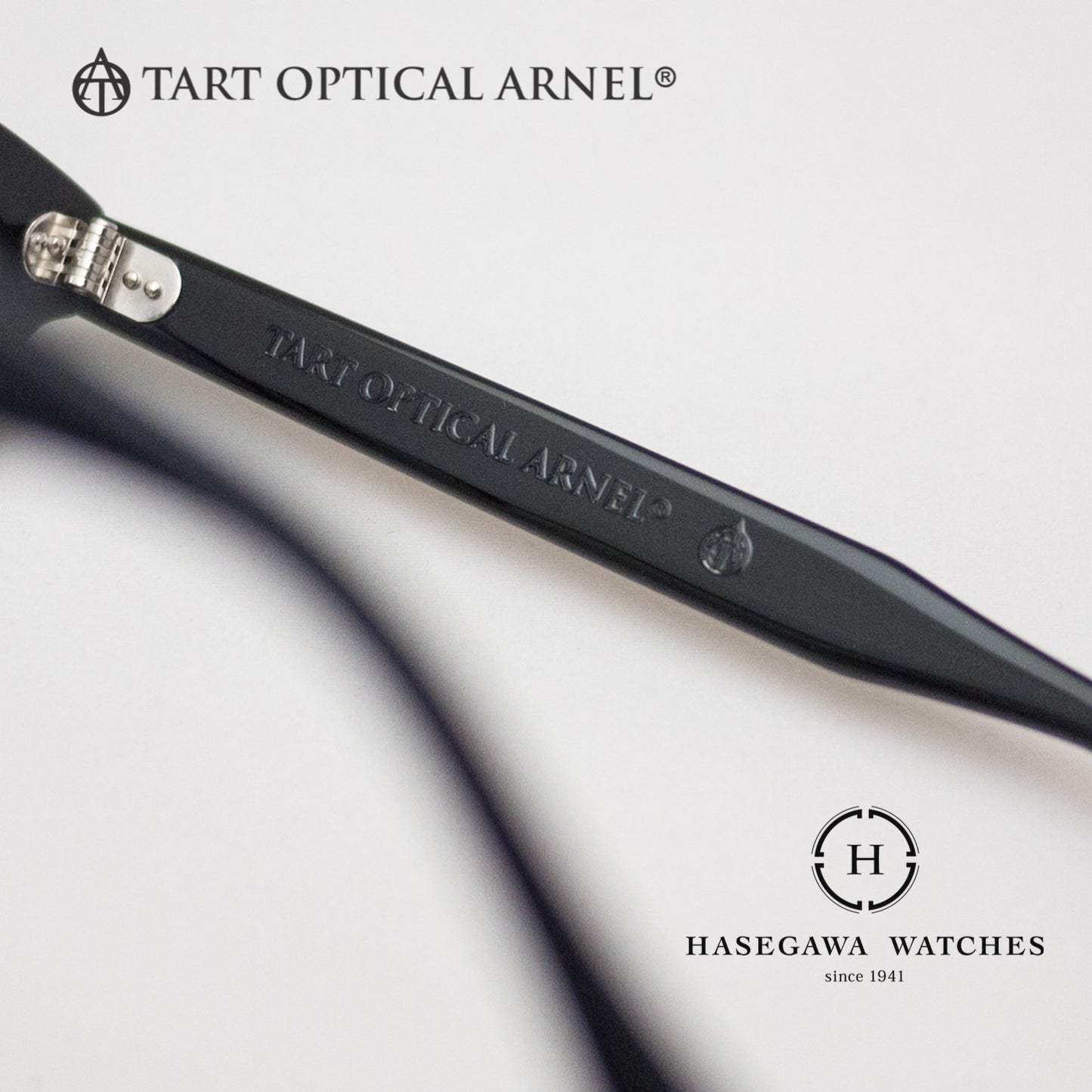 タートオプティカルアーネルのブランド名とロゴマークが刻印されたテンプル