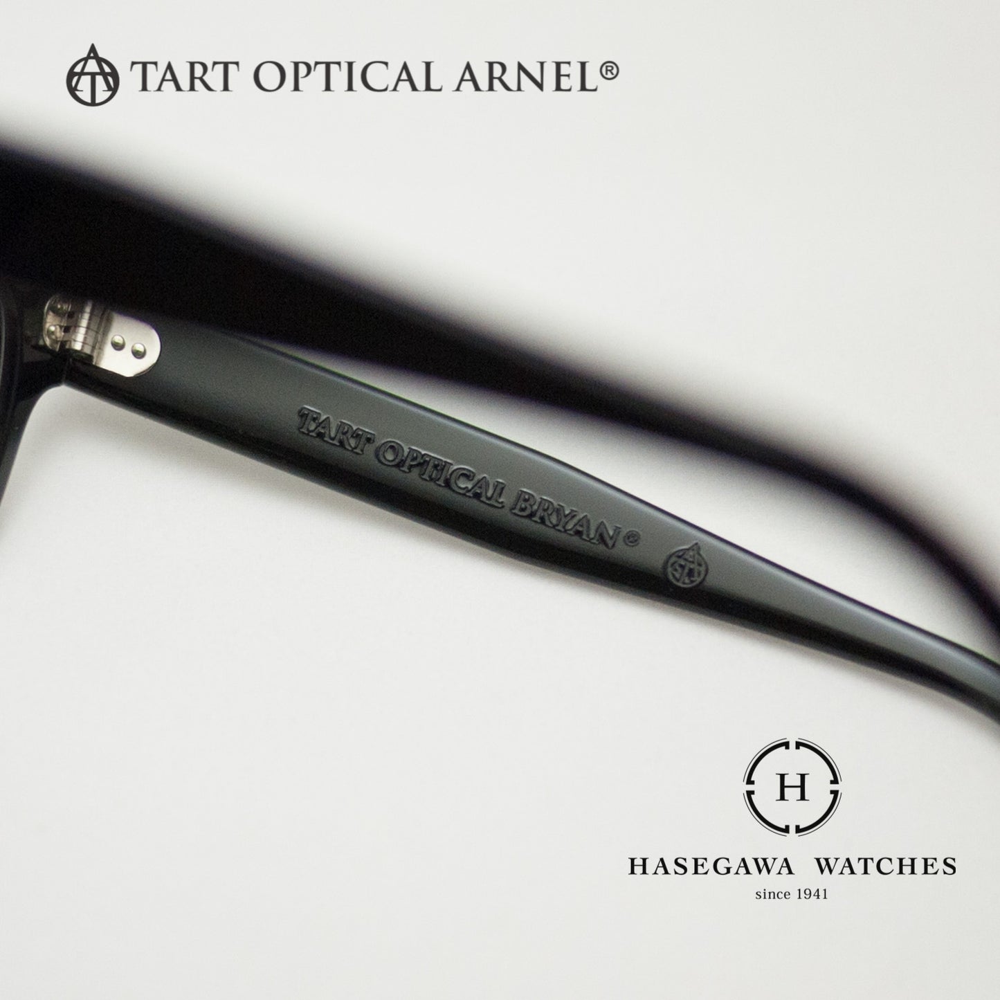 タートオプティカルブライアンのブランド名とロゴマークが刻印されたテンプル